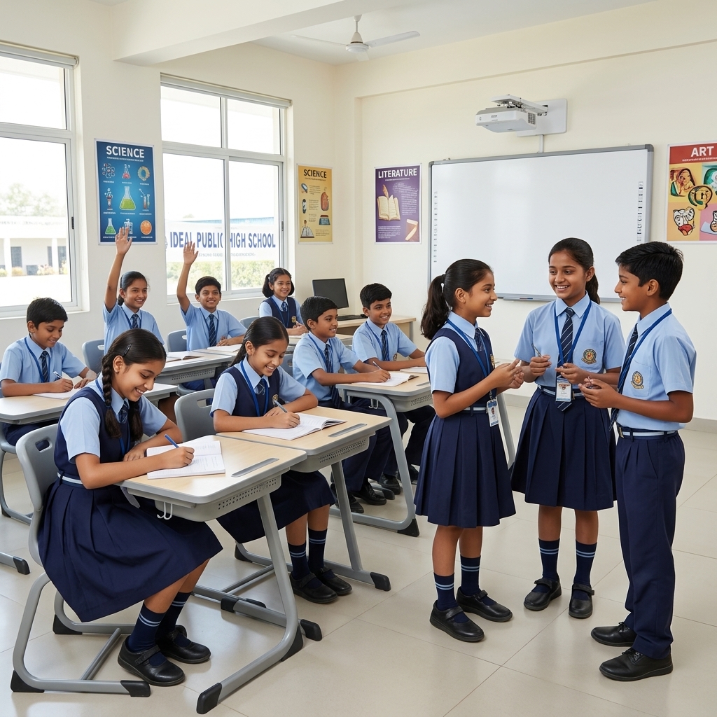 Students learning in a classroom at Ideal Public School